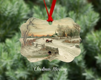 Christmas Morning Winter Scene Horse Drawn Carriage Metal Tree Christmas Ornament, One Side