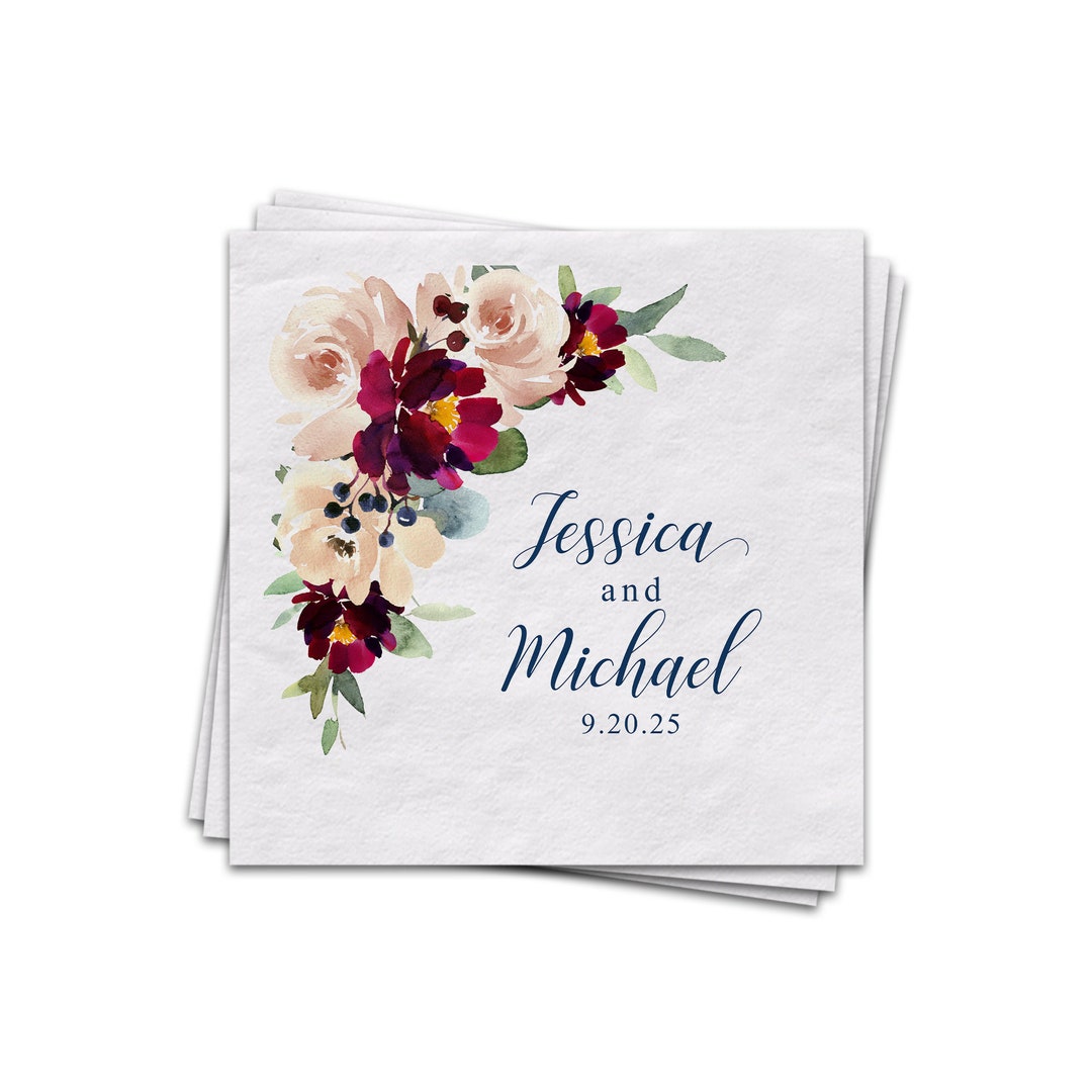 Personalized Wedding Cocktail Napkins, Floral Corner, Luncheon Napkins