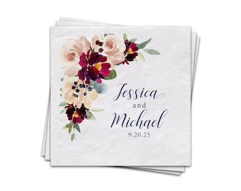 Personalized Wedding Cocktail Napkins, Floral Corner, Luncheon Napkins Also Available
