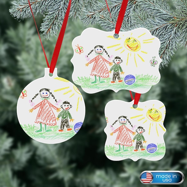 Kids Artwork Christmas Ornament, Metal Ornament Made With Your Child's Artwork, Three Shapes Available, See How It Works, Order Yours Today