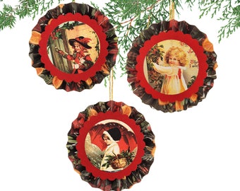 Christmas Paper Ornaments, Vintage Christmas Scenes, Rosette Christmas Ornaments, Handmade Ornaments, Set of 3