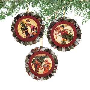 Vintage Christmas Scenes Ornaments, Paper Rosette Christmas Ornaments, Handmade Ornaments, Set of 3