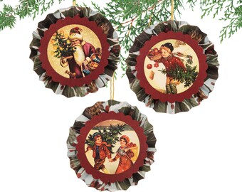 Vintage Christmas Scenes Ornaments, Paper Rosette Christmas Ornaments, Handmade Ornaments, Set of 3