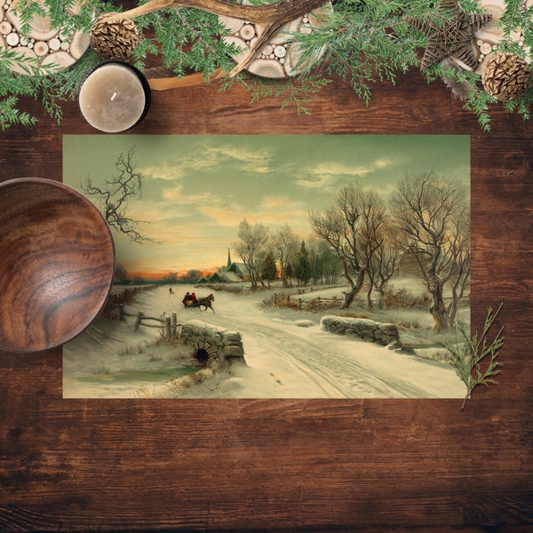 Placemats, Winter Scene, Christmas Morning, Printed Paper Placemats, Pad of 25 Placemats, Table Decor for Holiday Parties