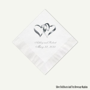 Silver Foil Hearts Wedding Cocktail Napkins | Personalized White Or Color Cocktail Napkins | Custom Appetizer And Dessert Napkins