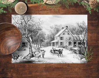 25 Paper Placemats, Vintage Winter Scene Currier And Ives, Printed Paper Placemats, Pad of 25 Placemats, Holiday Party Table Decor