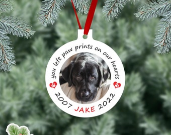Dog Memorial Ornament, You Left Paw Prints On Our Hearts, Personalized Dog or Cat Photo Metal Ornament