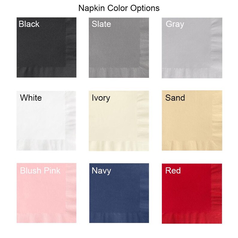 Color chart for personalized cocktail or luncheon napkins, showing nine available paper napkin colors arranged in a 3-by-3 grid under the title “Napkin Color Options.” Colors shown are Black, Slate, Gray, White, Ivory, Sand, Blush Pink, Navy, and Red. Each square shows the napkin color with folded edge detail. This image helps shoppers choose a napkin shade to customize for weddings, parties, showers, birthdays, dinners, or other special events for cocktail or luncheon size orders too.