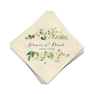 Wedding Greenery Beverage Napkin Ivory Cocktail Napkins Personalized Paper Napkins, Watercolor Greenery 3 Ply Napkins