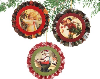 Paper Christmas Ornaments, Rosette Christmas Ornaments, Vintage Christmas Scenes, Santa Ornaments, Handmade Ornaments, Set of 3