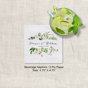 Wedding Greenery Beverage Napkin Cocktail Napkins Personalized Paper Napkins, Watercolor Greenery 3 Ply Napkins afbeelding 4