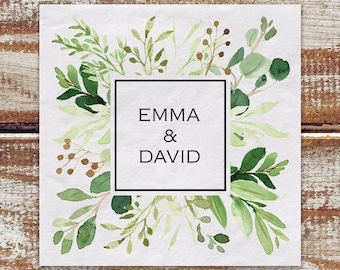 Wedding Greenery Personalized Cocktail Napkins, Watercolor Greenery 3 Ply Paper Beverage or Luncheon Napkins, Boho Wedding, Outdoor Wedding