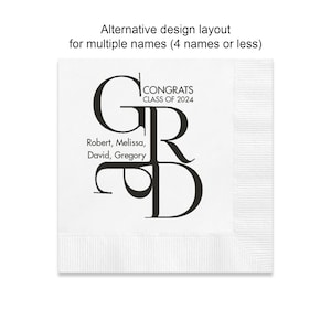 White beverage napkin shown for a personalized graduation party. On the white cocktail napkin is black matte foil lettering pressed into the napkin which reads CONGRATS in all uppercase letters and below that is CLASS OF 2026 also in uppercase letters. The word GRAD in uppercase letters is stacked vertically with the G offset to the left and the R stepped down to the right. Directly below the R is the D and to the left of the D is the A horizontally. Between the G and A are four first names.
