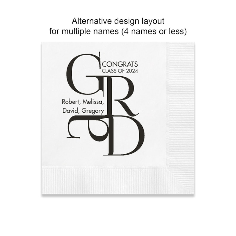 White beverage napkin shown for a personalized graduation party. On the white cocktail napkin is black matte foil lettering pressed into the napkin which reads CONGRATS in all uppercase letters and below that is CLASS OF 2026 also in uppercase letters. The word GRAD in uppercase letters is stacked vertically with the G offset to the left and the R stepped down to the right. Directly below the R is the D and to the left of the D is the A horizontally. Between the G and A are four first names.