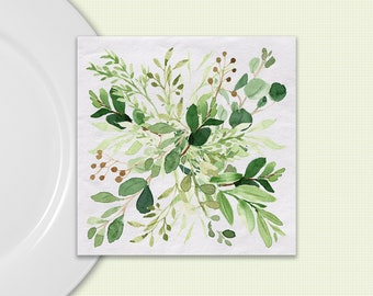 Greenery Napkins Watercolor Design, Available In Dinner Napkins 8"X8", Luncehon Napkins 6.5" X 6.5" or Beverage Napkins 4.75" X4.75"