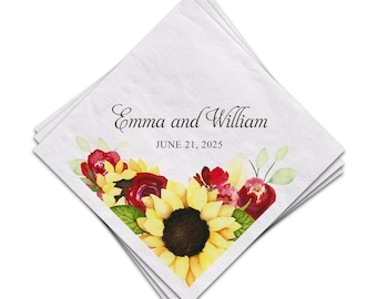 Sunflowers and Roses Wedding Reception Personalized Cocktail Napkins, Luncheon Napkins Also Available