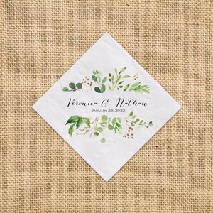 Wedding Greenery Beverage Napkin Cocktail Napkins Personalized Paper Napkins, Watercolor Greenery 3 Ply Napkins