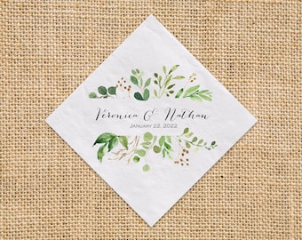 Wedding Greenery Beverage Napkin Cocktail Napkins or Luncheon Napkins, Personalized Paper Napkins, Watercolor Greenery 3 Ply Napkins