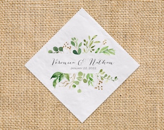 Wedding Greenery Beverage Napkin Cocktail Napkins Personalized Paper Napkins, Watercolor Greenery 3 Ply Napkins