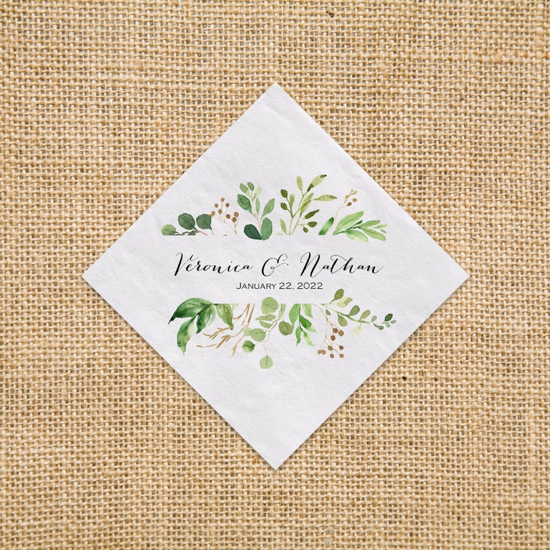 Wedding Greenery Beverage Napkin Cocktail Napkins Personalized Paper Napkins, Watercolor Greenery 3 Ply Napkins afbeelding 1