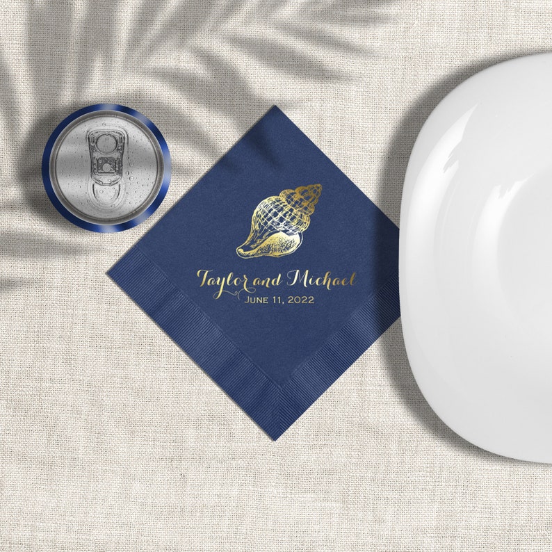 Navy Blue Personalized Beach Wedding Cocktail Napkins Seashell Etsy