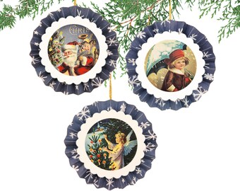 Christmas Rosette Paper Ornaments, Vintage Christmas Scene Ornaments, Handmade Ornaments, Set of 3