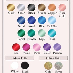 Foil color chart for personalized beverage or luncheon napkins showing 23 available imprint colors. Metallic foils include Gold, Silver, Black, Bronze, Copper, Rose Gold, Naval, Royal, Blue, Cool Blue, Forest, Hunter, Sage, Teal, Red, Wine, Pink, Violet, and Passion. Matte foil options include White Matte and Black Matte. Glitter foils include Gold Glitter and Silver Glitter. Customers select one foil color for the custom napkin design when ordering.