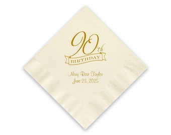 90th Birthday Party Napkins, Personalized Cocktail Napkins, 3 Ply Paper, Color Options Available, Ninetieth Birthday, Quantity of 50 Napkins