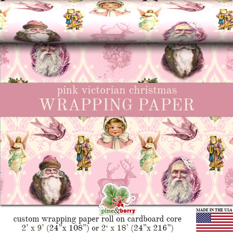 Victorian Pink Vintage Christmas Custom Gift Wrap In Two Sizes Great For A Pink Christmas Theme Pink Christmas Wrapping Paper Roll
