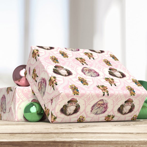 Pink Retro Christmas Wrapping Paper, Pink Floral Christmas Gift