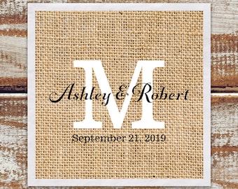 Cocktail Napkins, Rustic Wedding Cocktail Napkins, Personalized Napkins, Wedding Monogram Napkins Rustic Burlap Printed Design