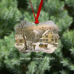 Christmas Ornament Vintage Winter Scene, Reproduction Of The Currier And Ives American Homestead Winter, Metal Ornament, One Side