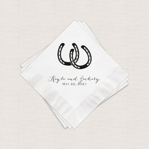 Rustic Country Cocktail Wedding Napkins, Horseshoes Personalized Beverage Napkins, Print And Napkin Color Options Available