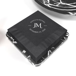 Personalized Black Cocktail Napkins, Initial Monogram Wedding Cocktail Napkins Personalized, Wedding Cocktail or Luncheon Napkins