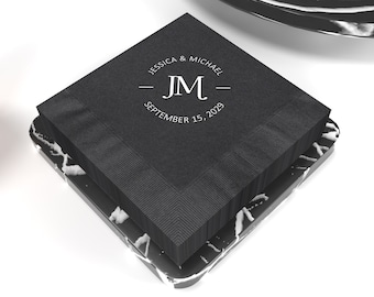 Personalized Black Cocktail Napkins, Initial Monogram Wedding Cocktail Napkins Personalized, Wedding Cocktail or Luncheon Napkins