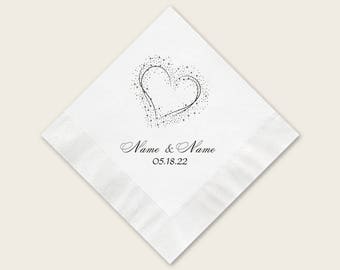 Personalized Beverage Napkins Wedding, White Cocktail Napkins For Wedding, Paper Napkins Personalized, Heart Design With Names And Date