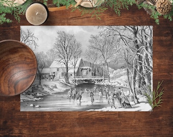 Party Placemats, Vintage Winter Ice Skating Scene, Printed Paper Placemats, Pad of 25 Placemats, Table Decor for Holiday Parties