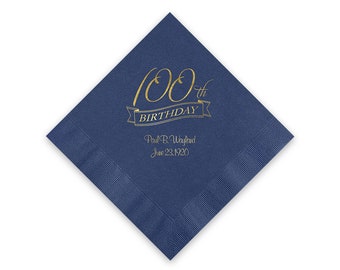 100th Birthday Party Napkins, Personalized Cocktail Napkins, 3 Ply Paper, One Hundredth Birthday, Quantity of 50 Beverage Napkins