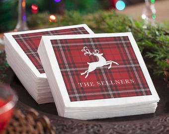 Personalized Cocktail Napkins For Holiday Party, Christmas Party Cocktail Napkins, Paper Napkins, Deer and Plaid Design, 3 Ply Napkins