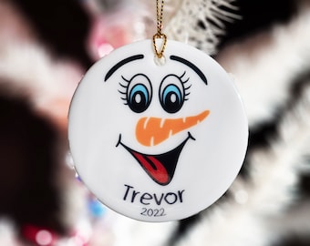 Tree Ornament, Personalized Snowman Face Christmas Ornament, Porcelain Ornament