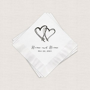 Wedding Napkins, Two Hearts Personalized White Cocktail Napkins With Print Color Options, 3 Ply Beverage Napkins