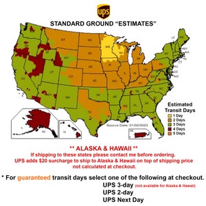 A map of the United States showing estimated delivery times for UPS Standard Ground service. The map is color-coded to show delivery times ranging from 1 to 5 days. The map also includes a note about Alaska and Hawaii, stating that a $20 surcharge applies to shipments to these states and is not part of the pricing at checkout. A separate surcharge will need to be purchased. The map includes the text "Source Date: 01/02/2023".