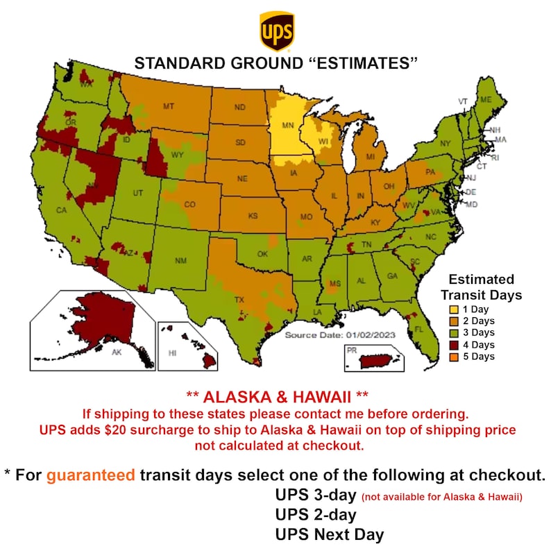 A map of the United States showing estimated delivery times for UPS Standard Ground service. The map is color-coded to show delivery times ranging from 1 to 5 days. The map also includes a note about Alaska and Hawaii, stating that a $20 surcharge applies to shipments to these states and is not part of the pricing at checkout. A separate surcharge will need to be purchased. The map includes the text "Source Date: 01/02/2023".