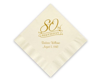 80th Birthday Party Napkins, Personalized Cocktail Napkins, Paper Napkins, Color Options Available, Eightieth Birthday, 50 Napkins