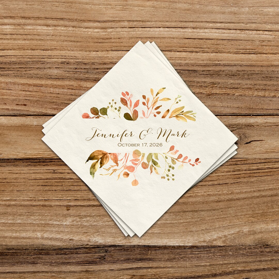 Fall Foliage Wedding Cocktail Napkins Personalized, Paper Napkins