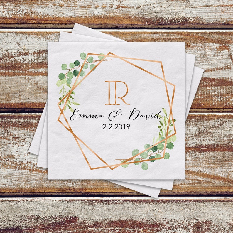 Personalized Monogram Geometric Wedding Greenery Beverage Napkins With Names And Date, 3 Ply Paper Beverage Napkins, Boho Outdoor Wedding image 1