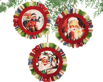 Handmade Paper Ornaments, Christmas Rosette Ornaments, Vintage Christmas Scene Ornaments, Set of 3