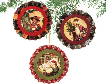 Rosette Paper Christmas Ornaments, Vintage Scene Christmas Ornaments, Handmade Ornaments, Set of 3