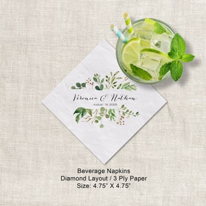 Wedding Greenery Beverage Napkin Cocktail Napkins Personalized Paper Napkins, Watercolor Greenery 3 Ply Napkins Beverage Diamond