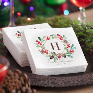 Holiday Party Cocktail Napkins, Christmas Party Cocktail Napkins Personalized, Monogram Paper Napkins, Watercolor Greenery 3 Ply Napkins